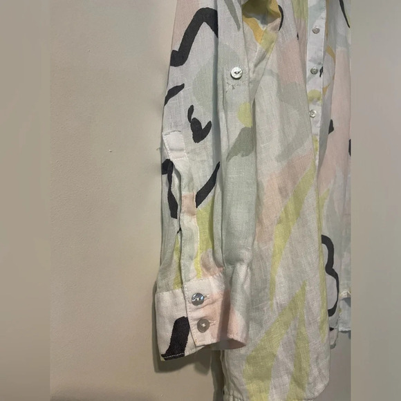 Rachel Zoe Abstract Floral Print 100% Linen Roll Tab Button Front Blouse Size 2X - Picture 2 of 8